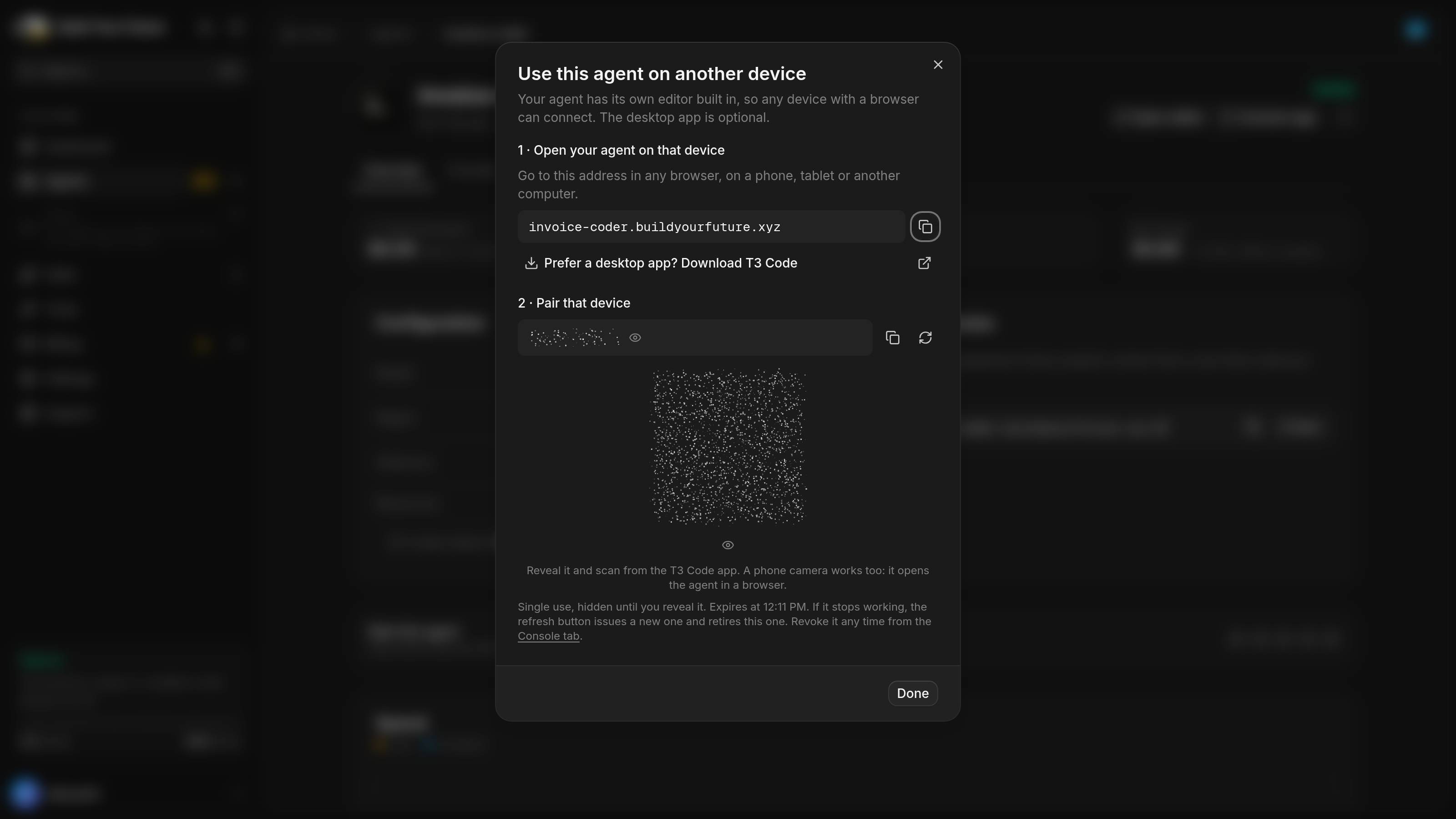 The Connect app dialog: the agent's address to open on another device, a link to download the T3 Code desktop app, and a pairing code and QR code, both hidden until revealed