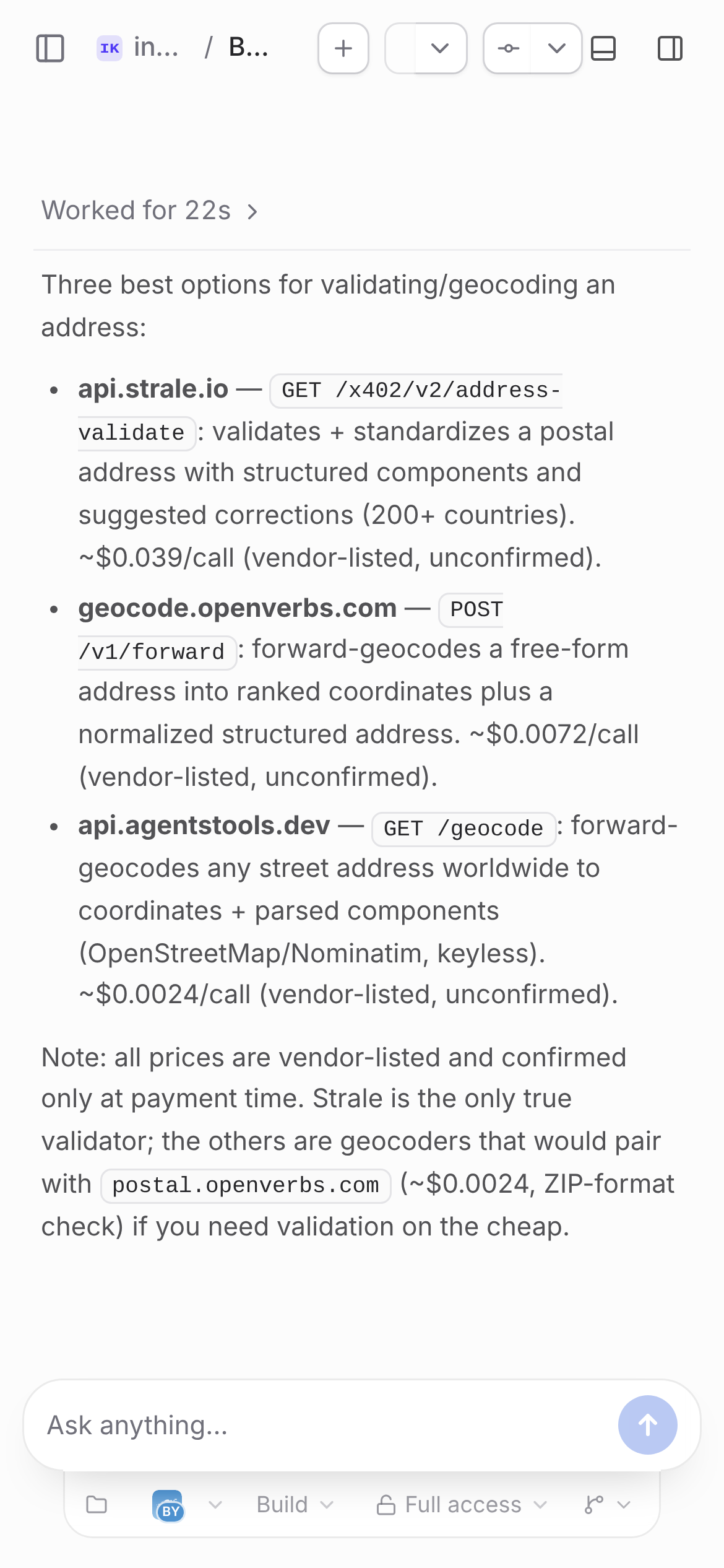 The same SN T3Code agent on a phone-sized screen, showing a finished thread's answer and the composer with BYF selected