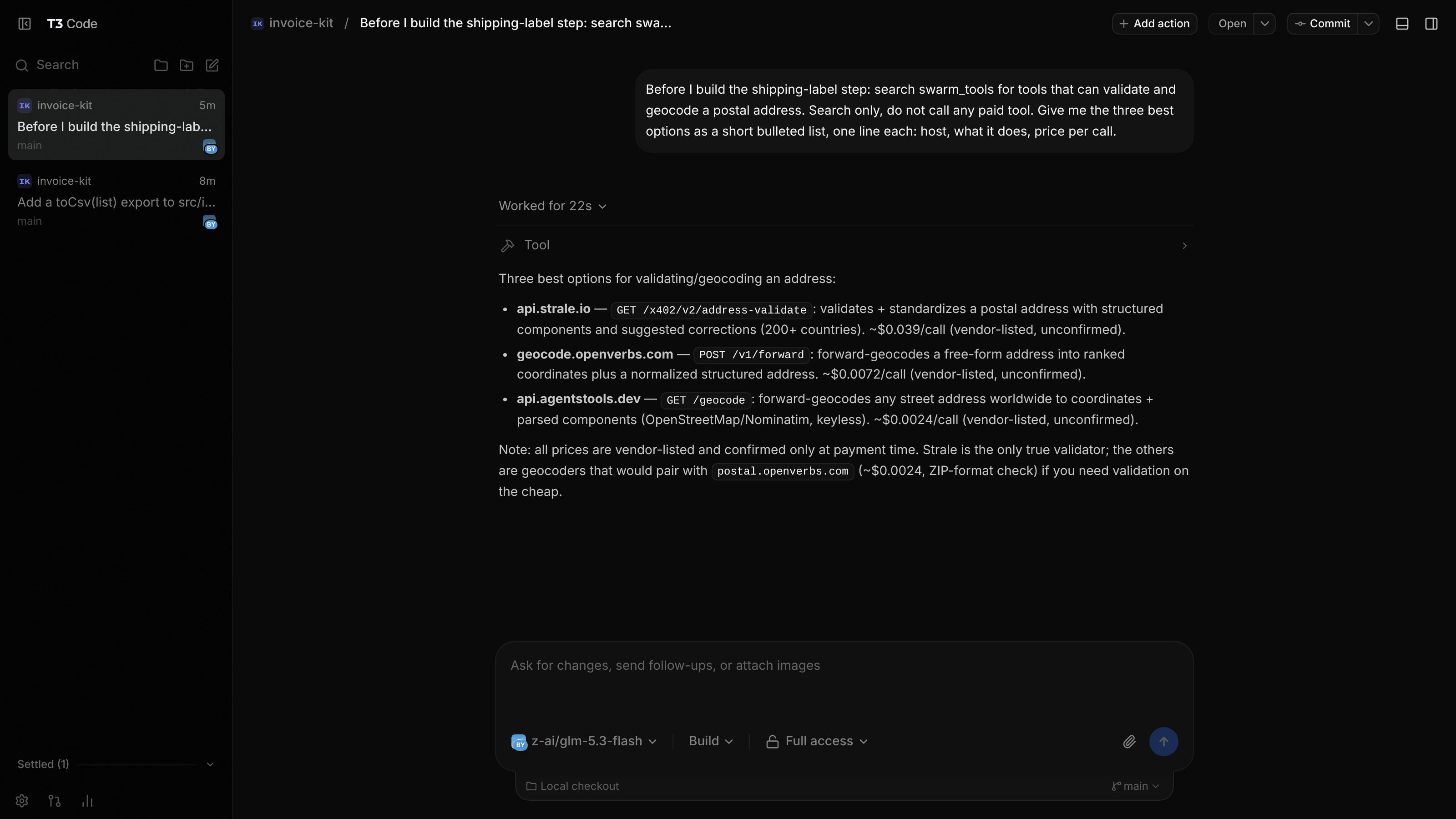 A thread where BYF searched the paid-tool catalogue for address validation and geocoding and listed three options with their price per call, without calling any of them