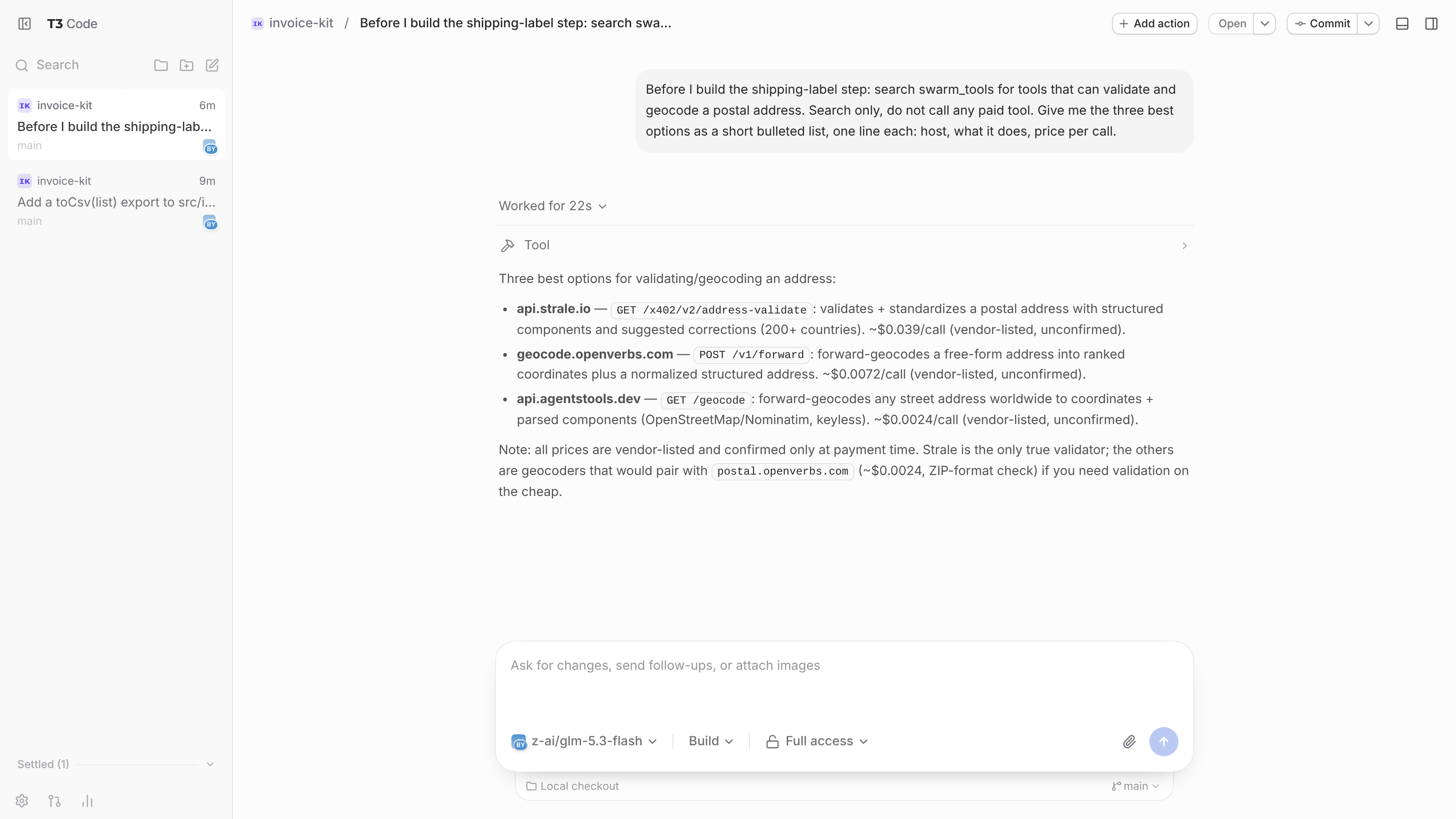 A thread where BYF searched the paid-tool catalogue for address validation and geocoding and listed three options with their price per call, without calling any of them