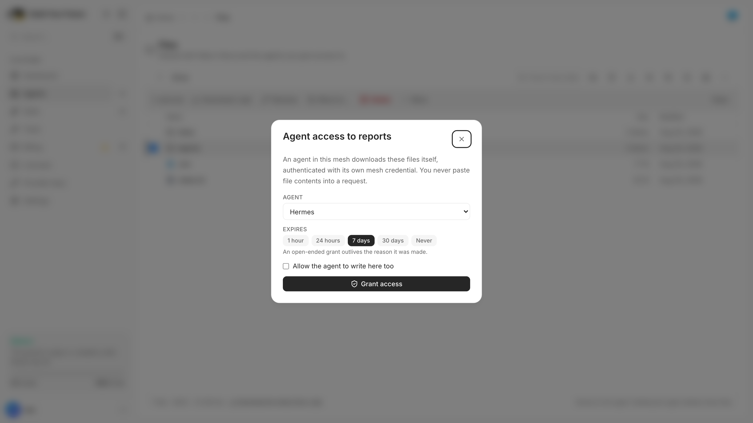 The Agent access to reports dialog: an agent picker set to Hermes, expiry choices from one hour to never, an unticked box allowing the agent to write, and a Grant access button