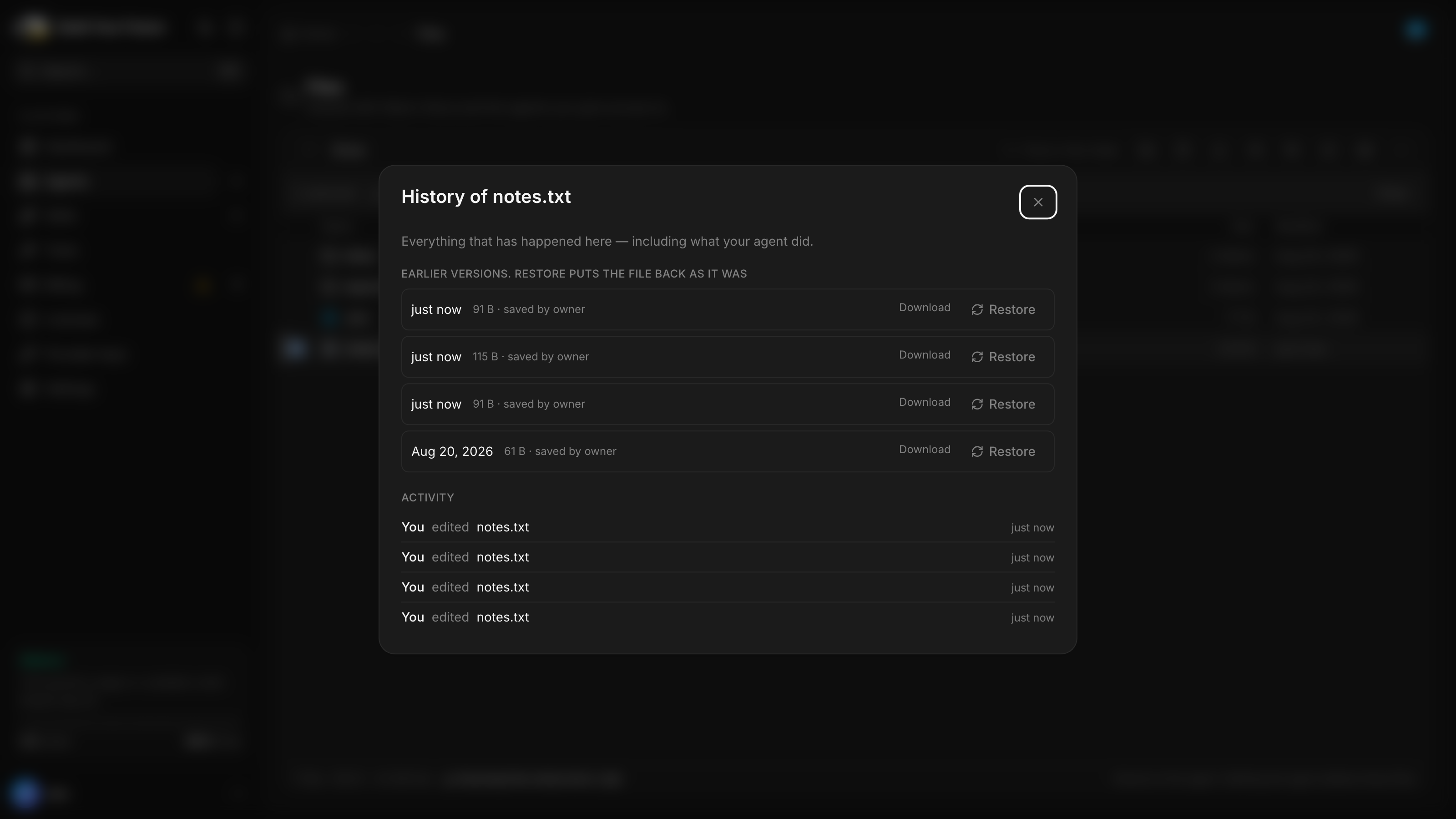 The history dialog for notes.txt: two earlier versions each offering Download and Restore, above an activity list showing who edited the file and when