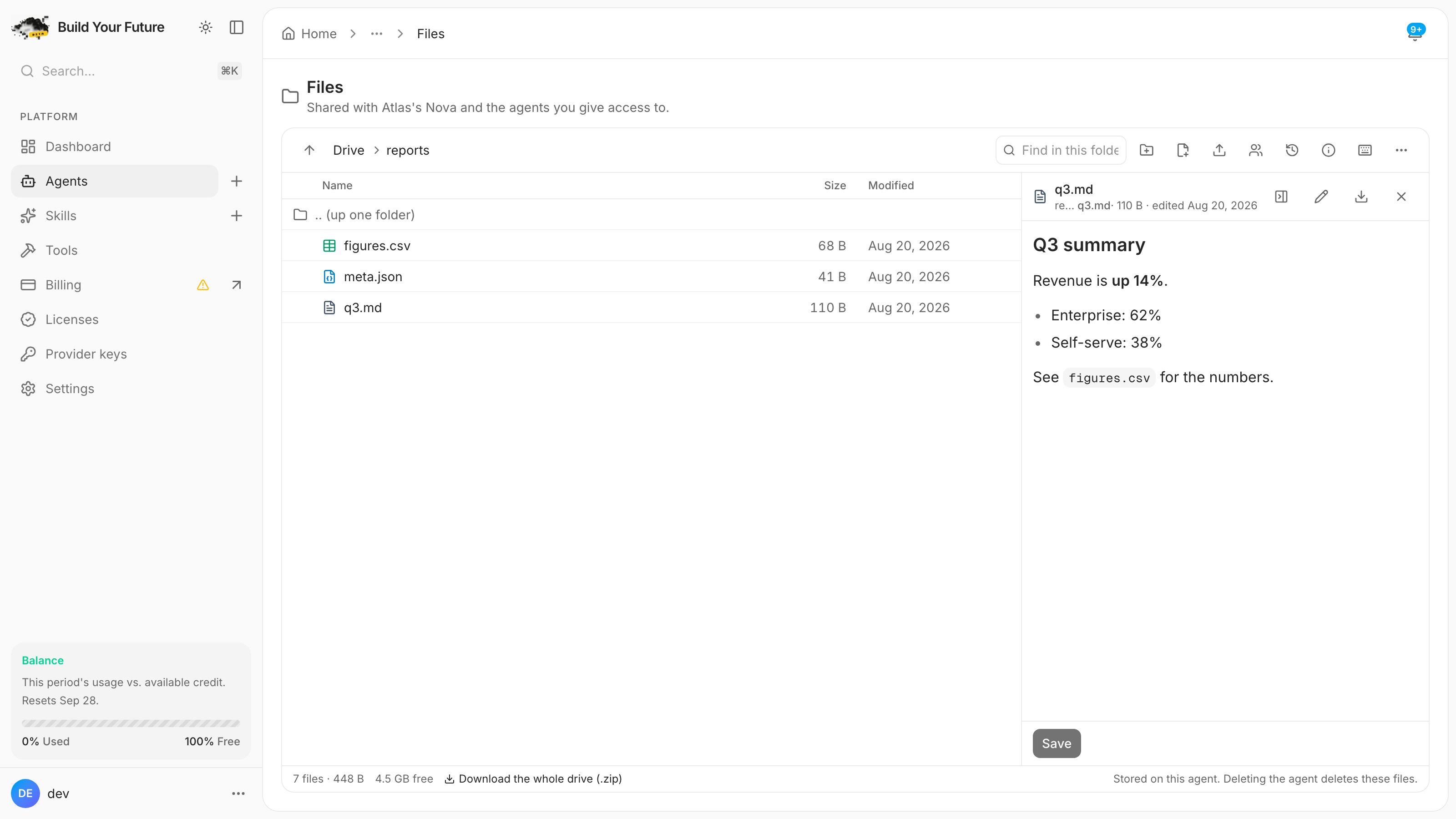 The reports folder listed on the left with q3.md open in a pane on the right, rendered as markdown with a heading, bold text and a bulleted list