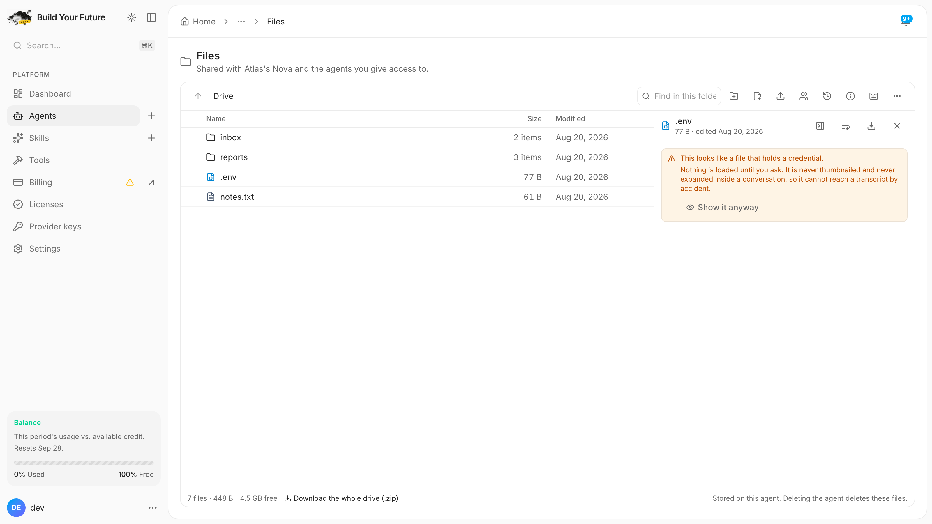 A .env file open in the pane with its contents withheld behind a notice reading this looks like a file that holds a credential, and a Show it anyway button