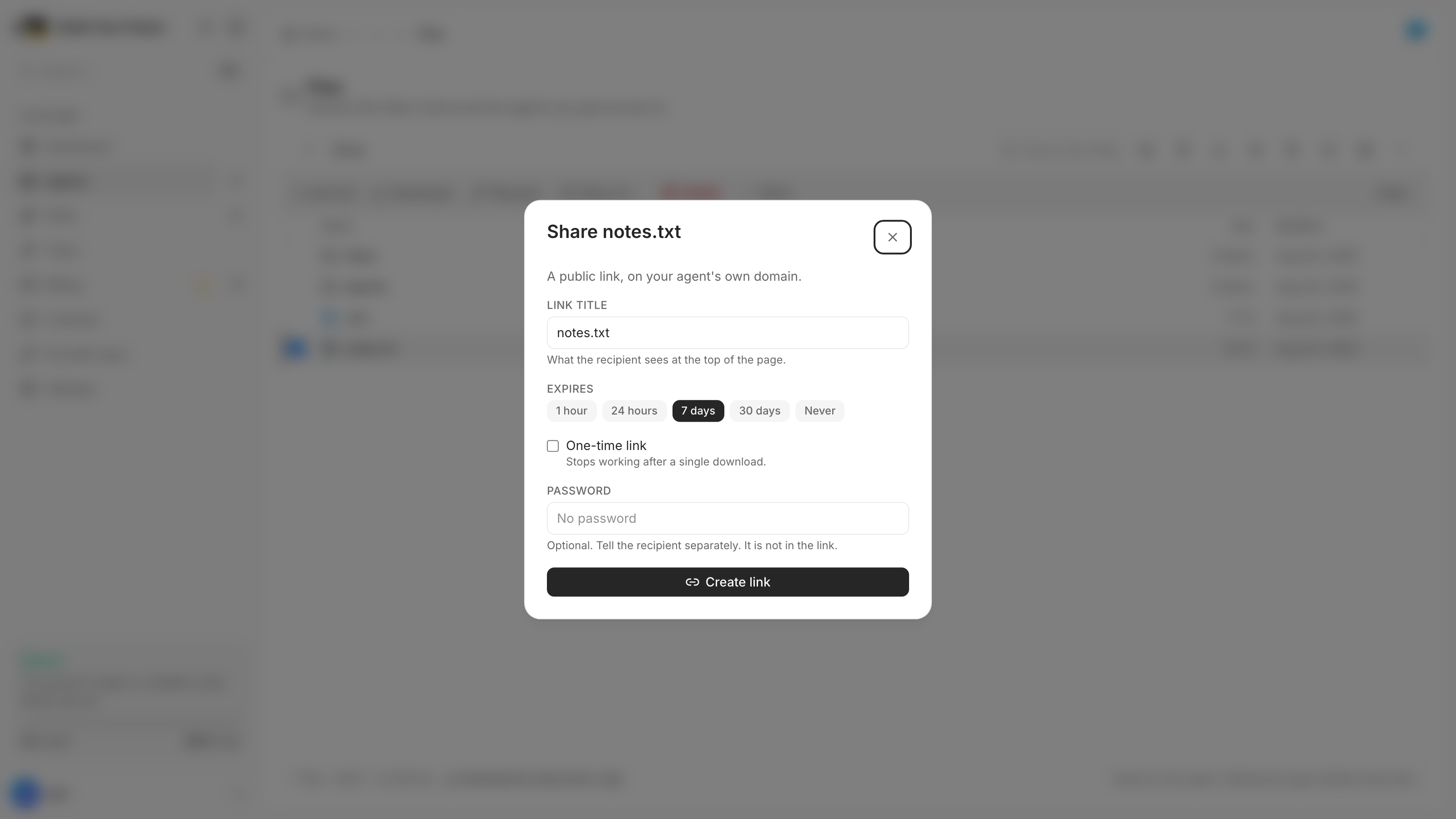 The Share notes.txt dialog: a link title, expiry choices from one hour to never, a one-time link tick that stops the link after a single download, and an optional password