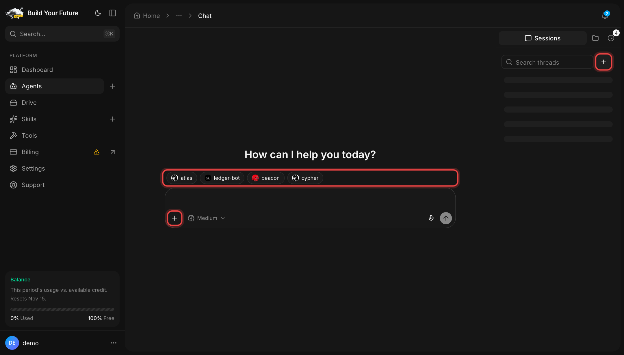The Nova chat. Red boxes mark the plus button for a new chat, the row of member buttons above the message box, and the plus button for attachments.