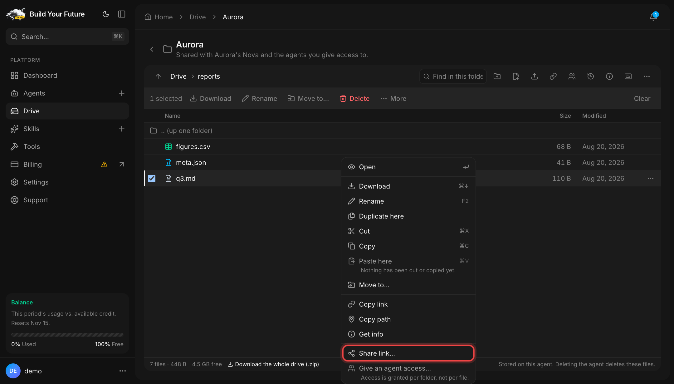 Nova's drive, inside the reports folder, with a right-click menu open on q3.md. A red box marks the Share link item.