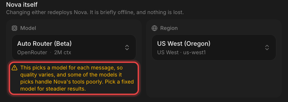 The Model field set to Auto Router (Beta). A red box marks the yellow warning line under it.