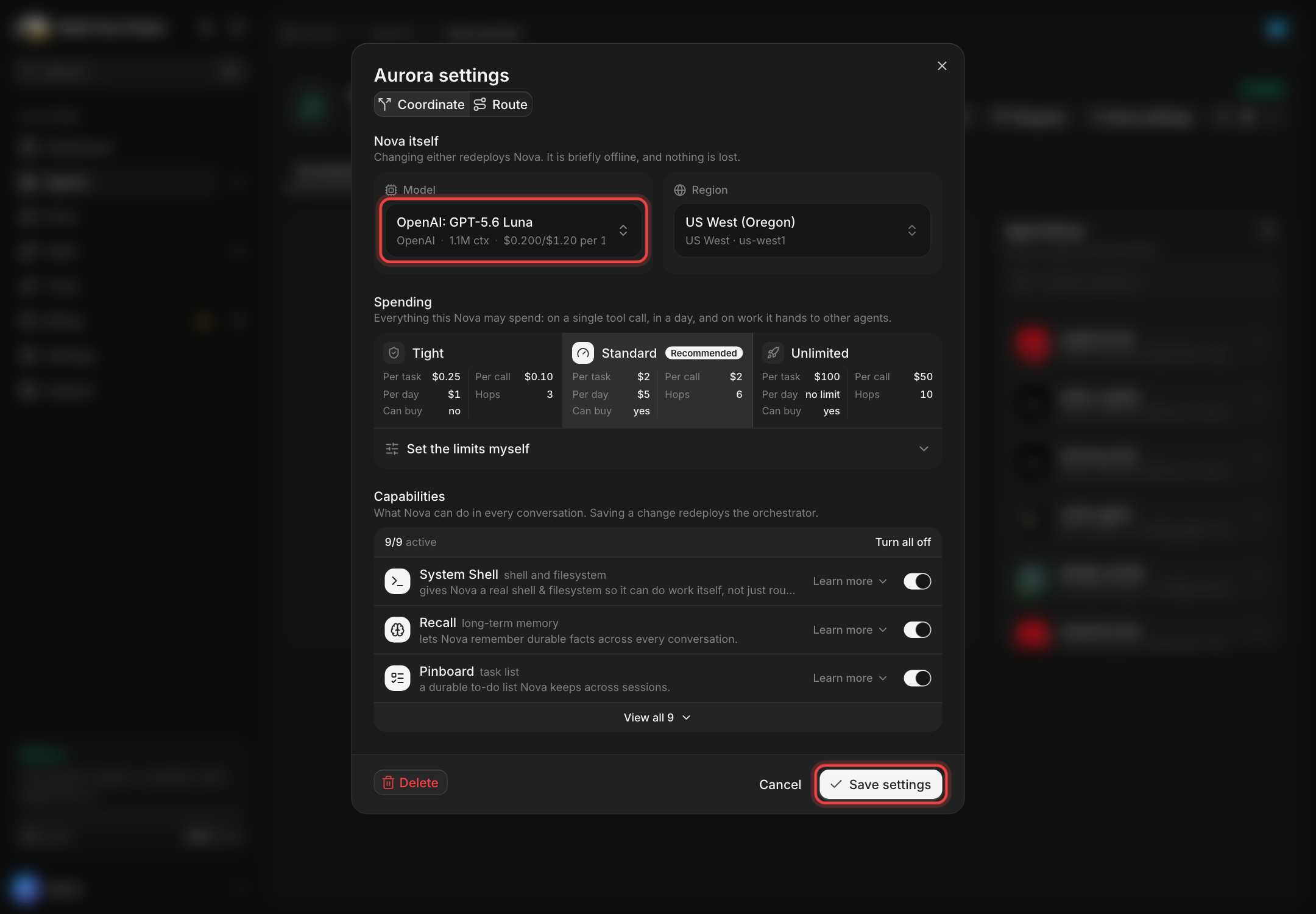 The Nova settings window. Red boxes mark the Model field under Nova itself and the Save settings button.
