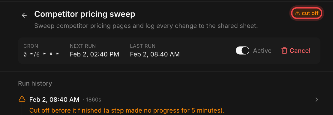 A routine's detail page. A red box marks the cut off label. The run history says the last run was cut off before it finished because a step made no progress for 5 minutes.