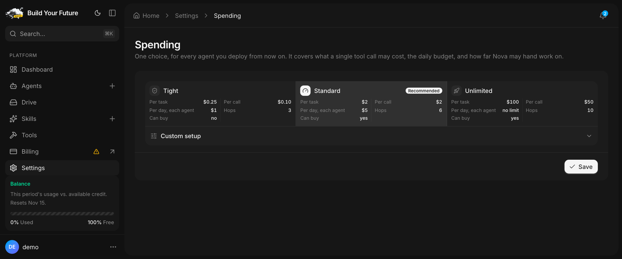 The Spending page with three presets, Tight, Standard and Unlimited, and their limits per task, per call and per day.