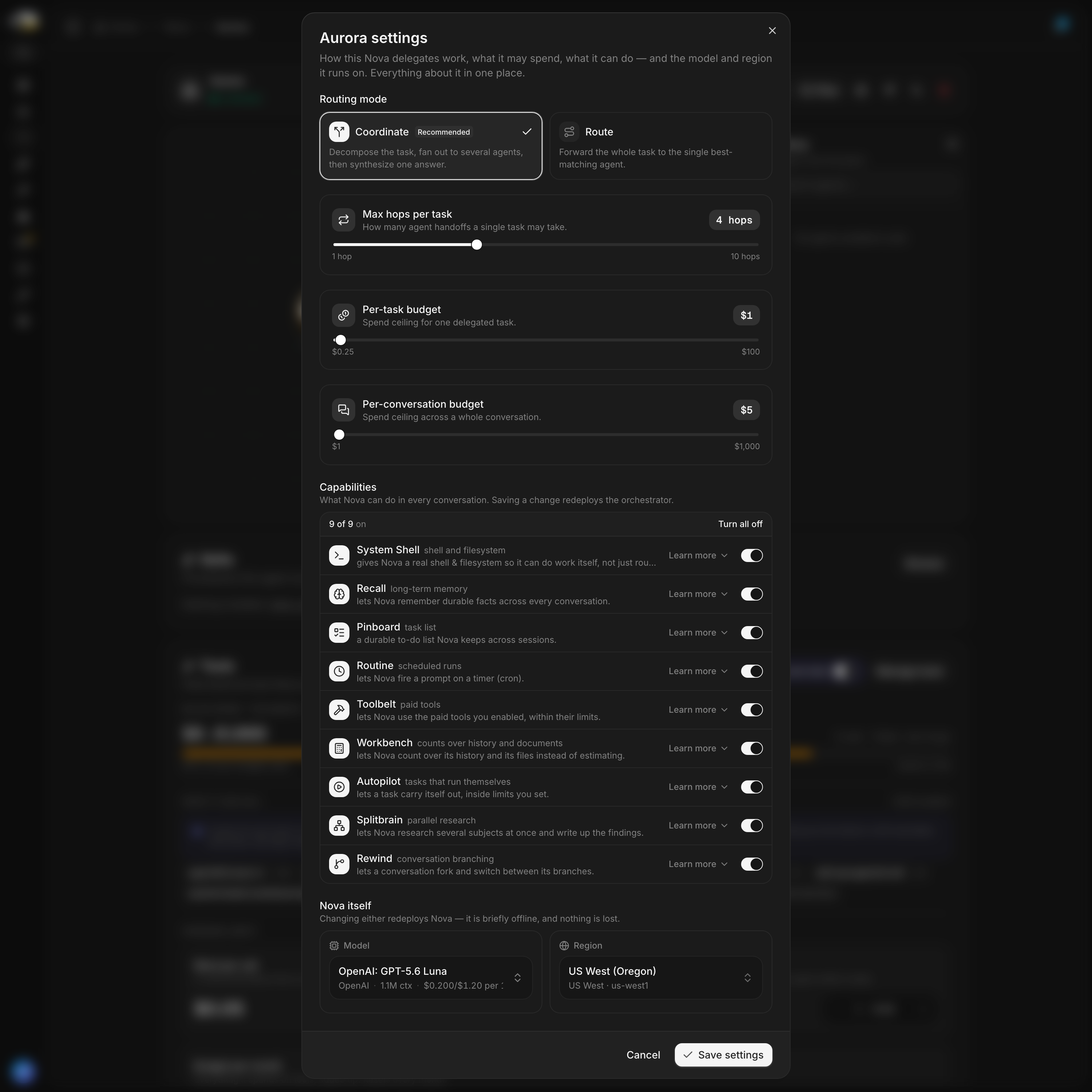Nova's settings dialog listing all nine abilities: System Shell, Recall, Pinboard, Routine, Toolbelt, Workbench, Autopilot, Splitbrain and Rewind, each with a switch, above the model and region it runs on