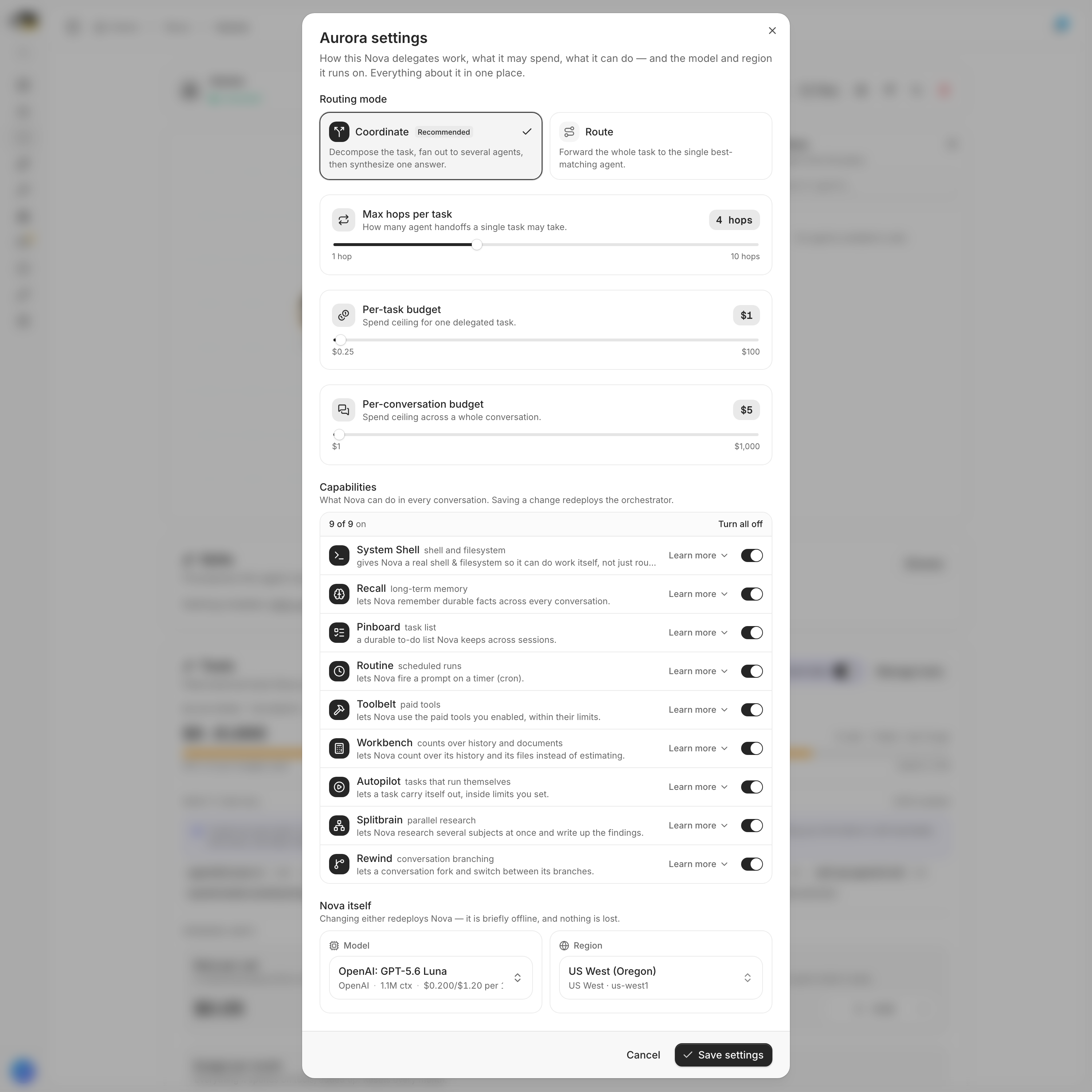 Nova's settings dialog listing all nine abilities: System Shell, Recall, Pinboard, Routine, Toolbelt, Workbench, Autopilot, Splitbrain and Rewind, each with a switch, above the model and region it runs on