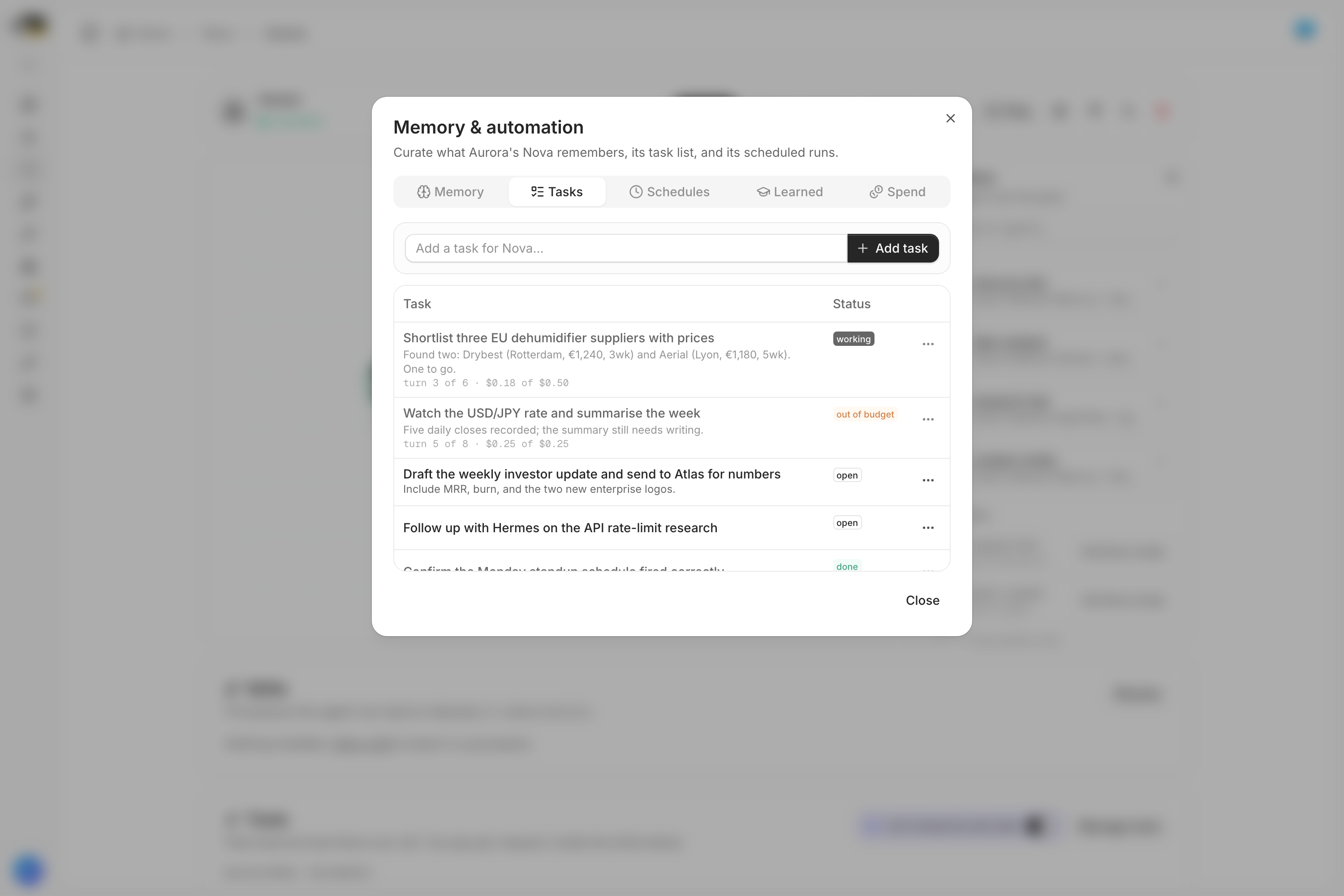 The Tasks panel: one task working with its progress note, three turns of six used and 18 cents of a 50 cent budget spent; below it a task stopped with an out of budget badge