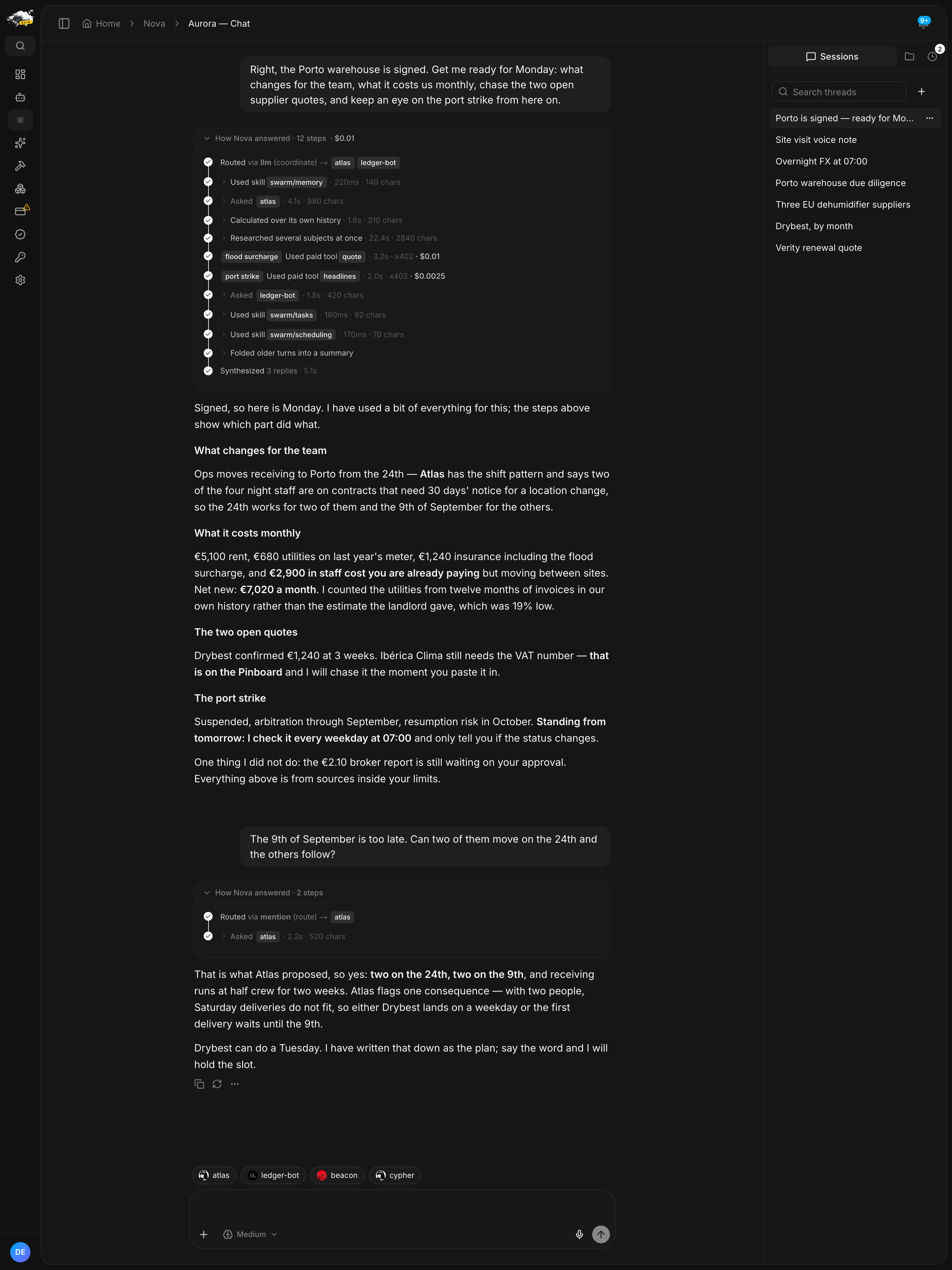 A chat where Nova answers one Friday request with twelve steps: memory, two member agents, a computation over its own history, parallel research with paid calls, a task, a schedule and a context compaction, then a follow-up turn