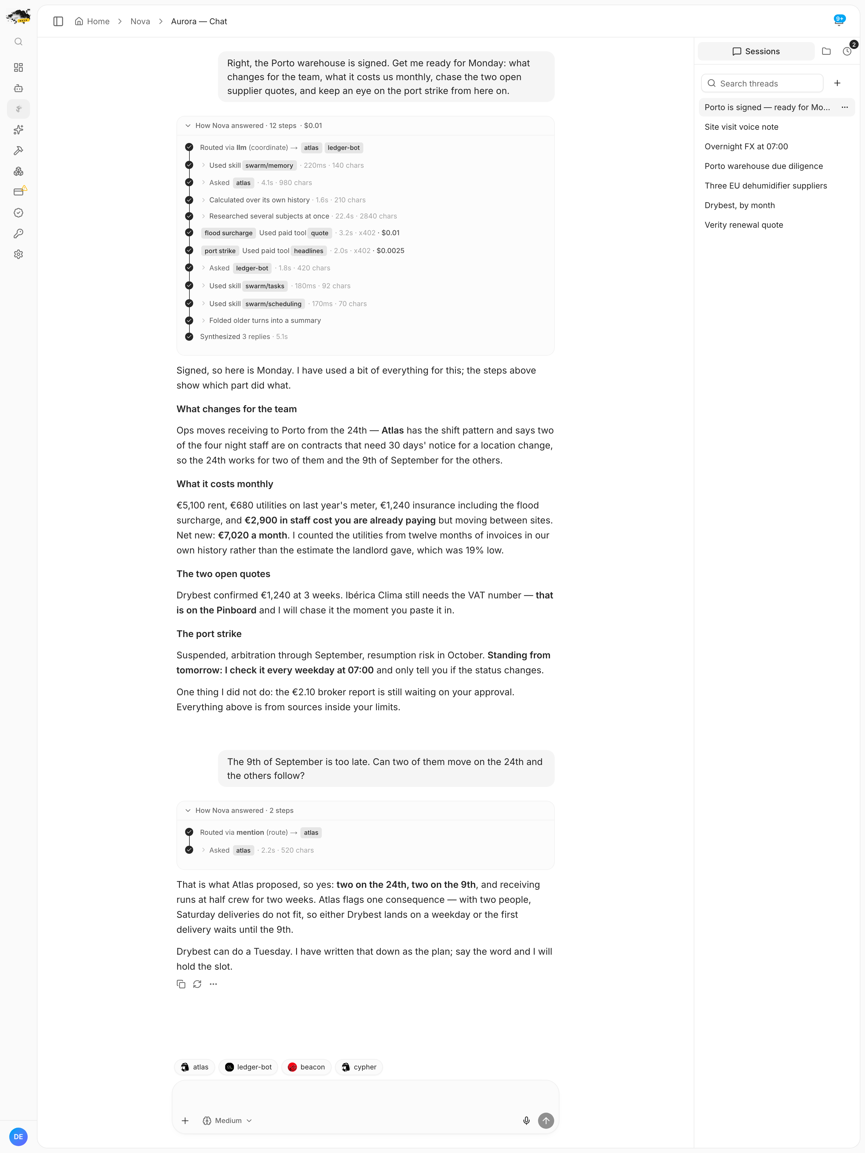 A chat where Nova answers one Friday request with twelve steps: memory, two member agents, a computation over its own history, parallel research with paid calls, a task, a schedule and a context compaction, then a follow-up turn