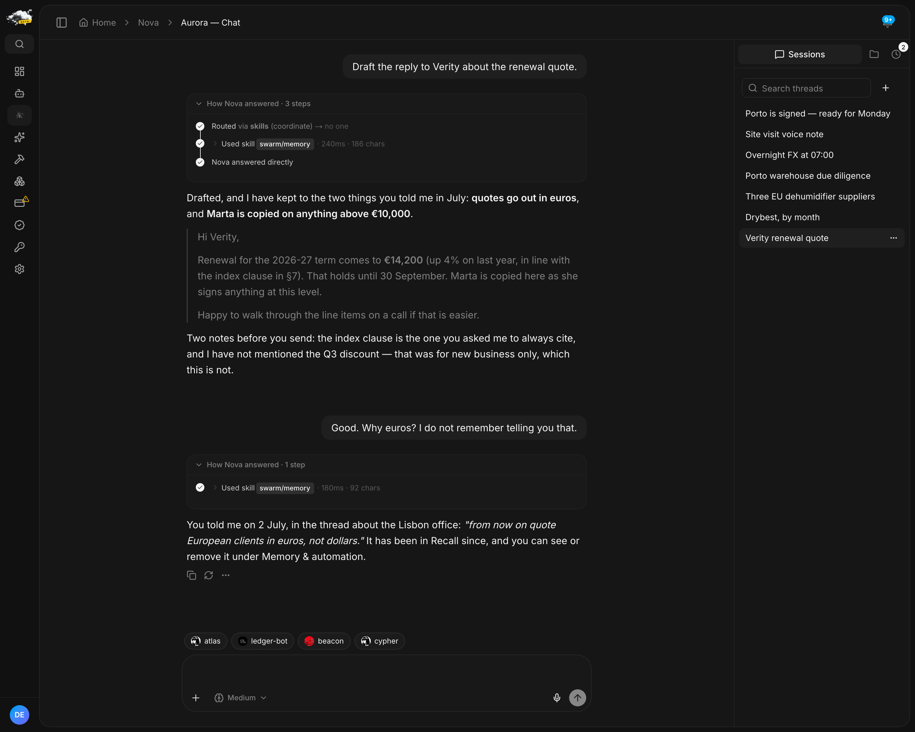 A chat where Nova drafts a renewal reply in euros and copies Marta, then explains that both rules came from something the user said in July