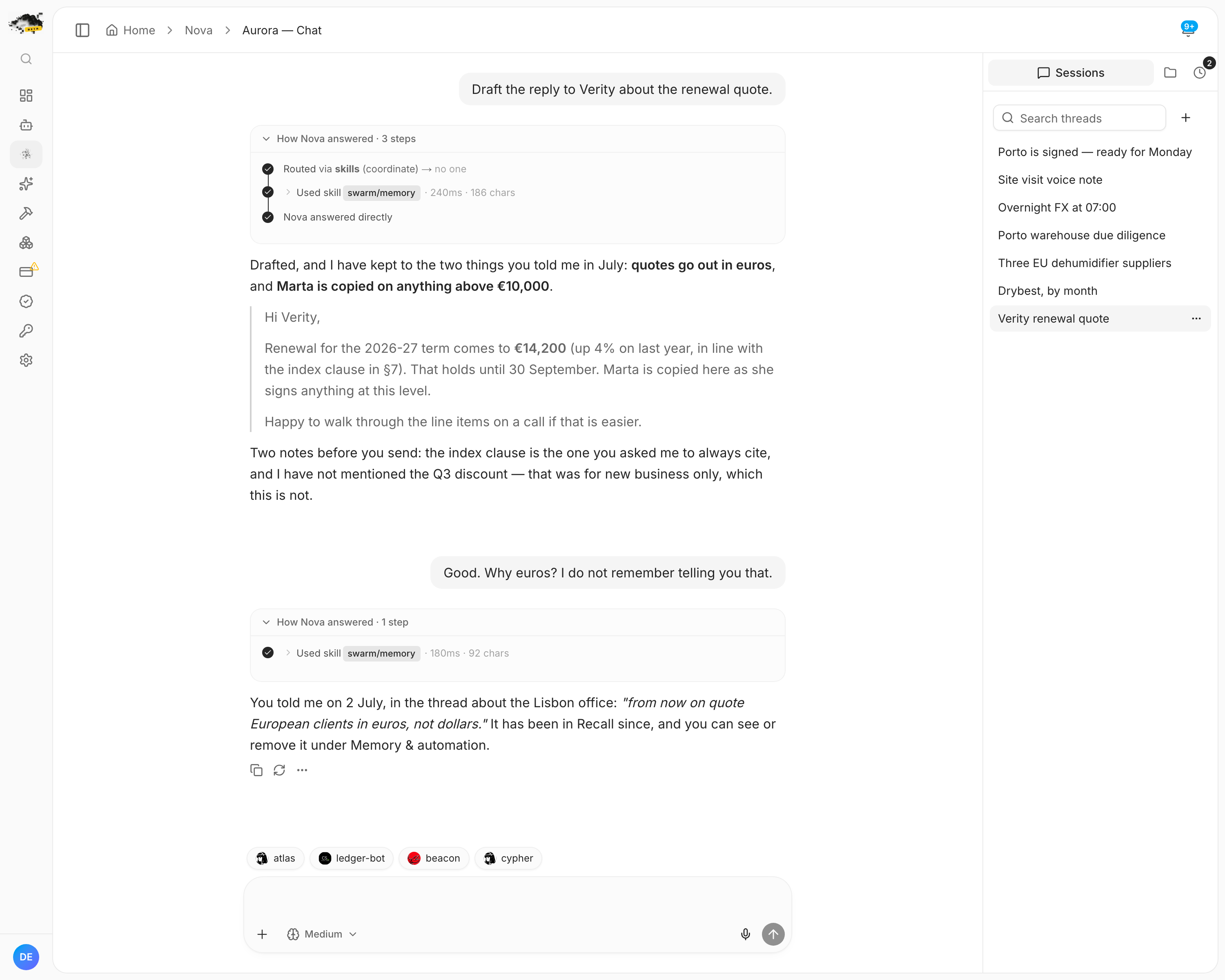 A chat where Nova drafts a renewal reply in euros and copies Marta, then explains that both rules came from something the user said in July