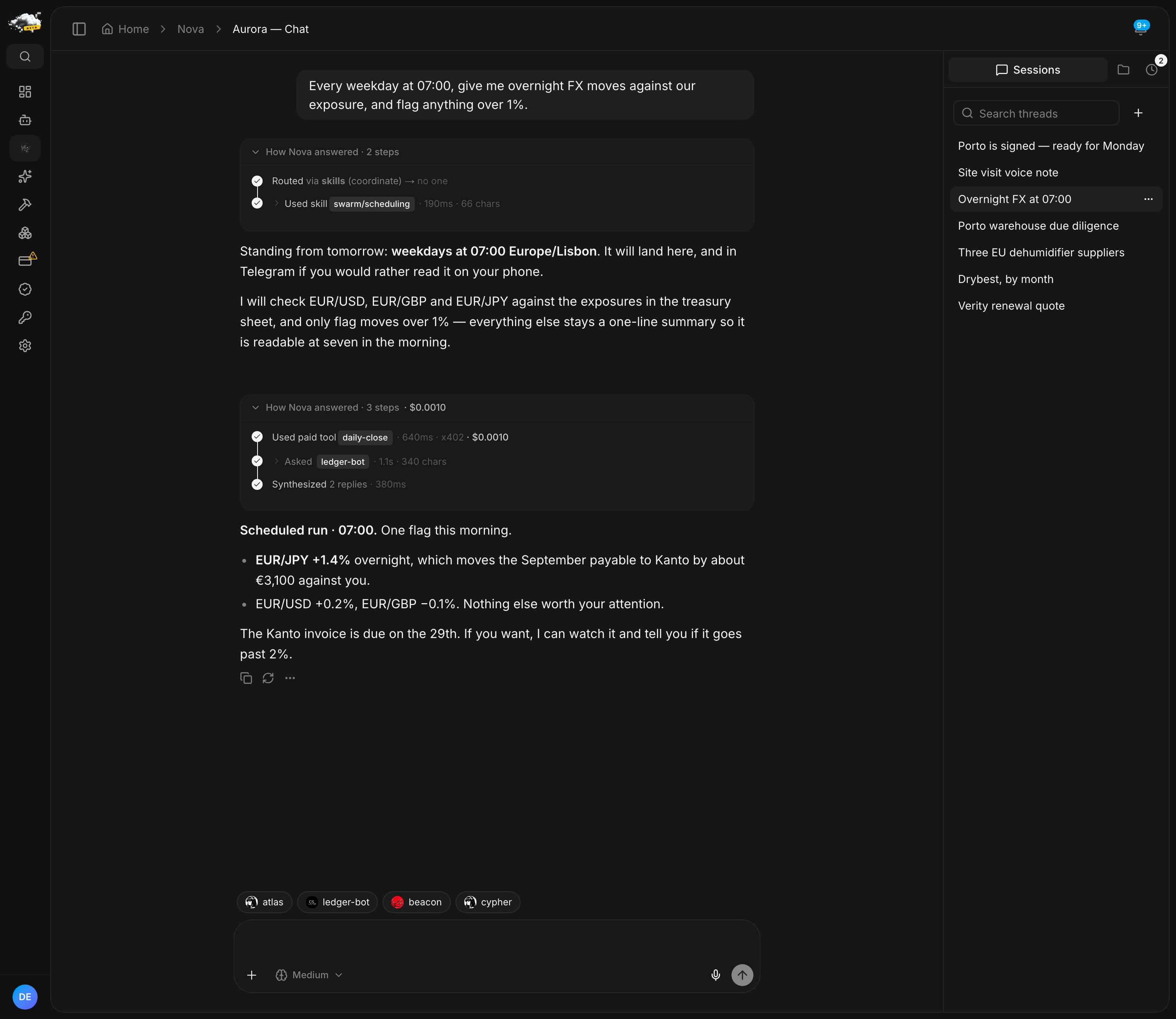 A chat where the user asks for a weekday FX briefing at 07:00 and Nova sets it up, followed by the 07:00 run flagging a 1.4 percent move