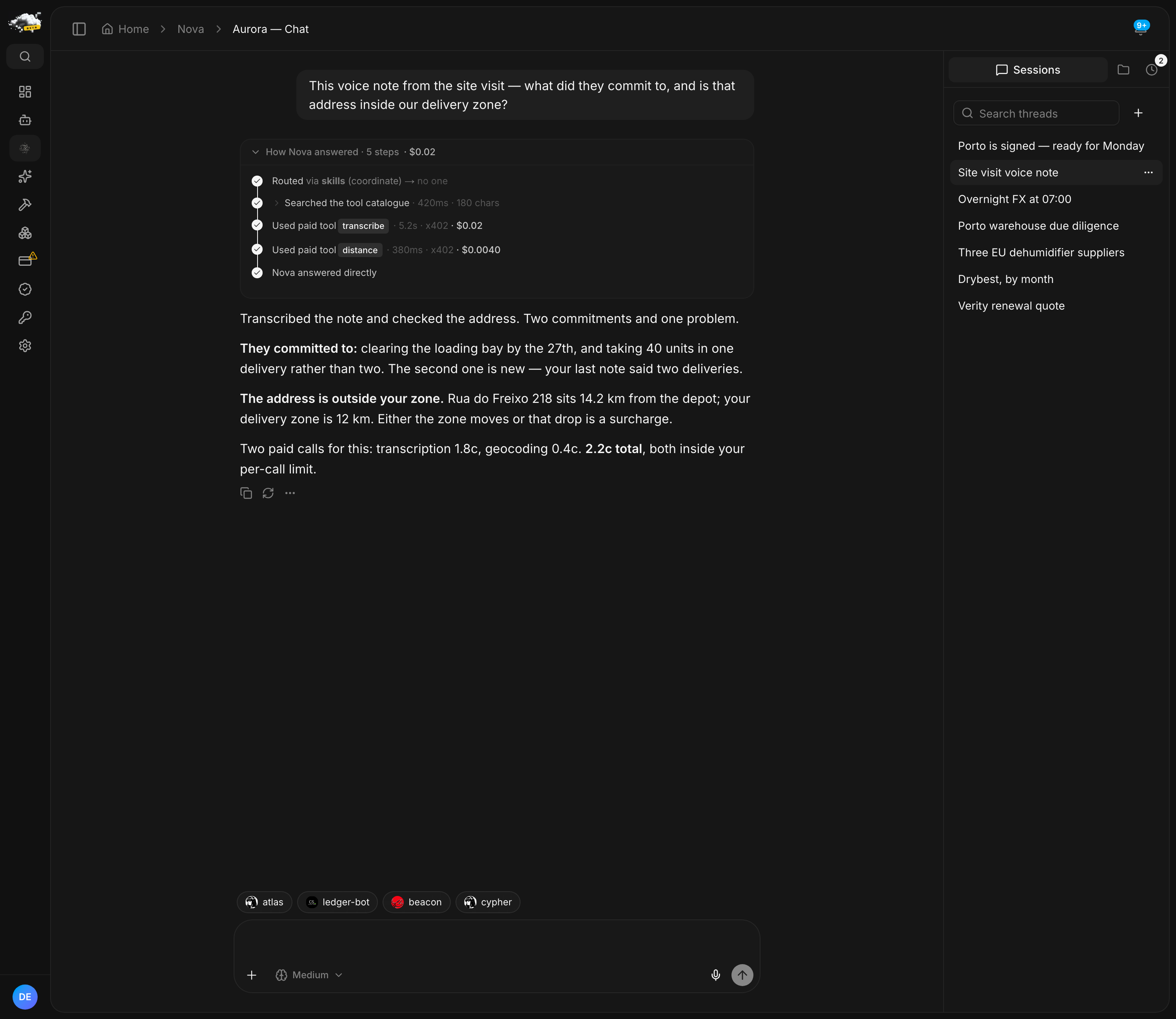 A chat where Nova transcribes a voice note, finds two commitments, checks the address against the delivery zone and reports the 2.2 cent cost