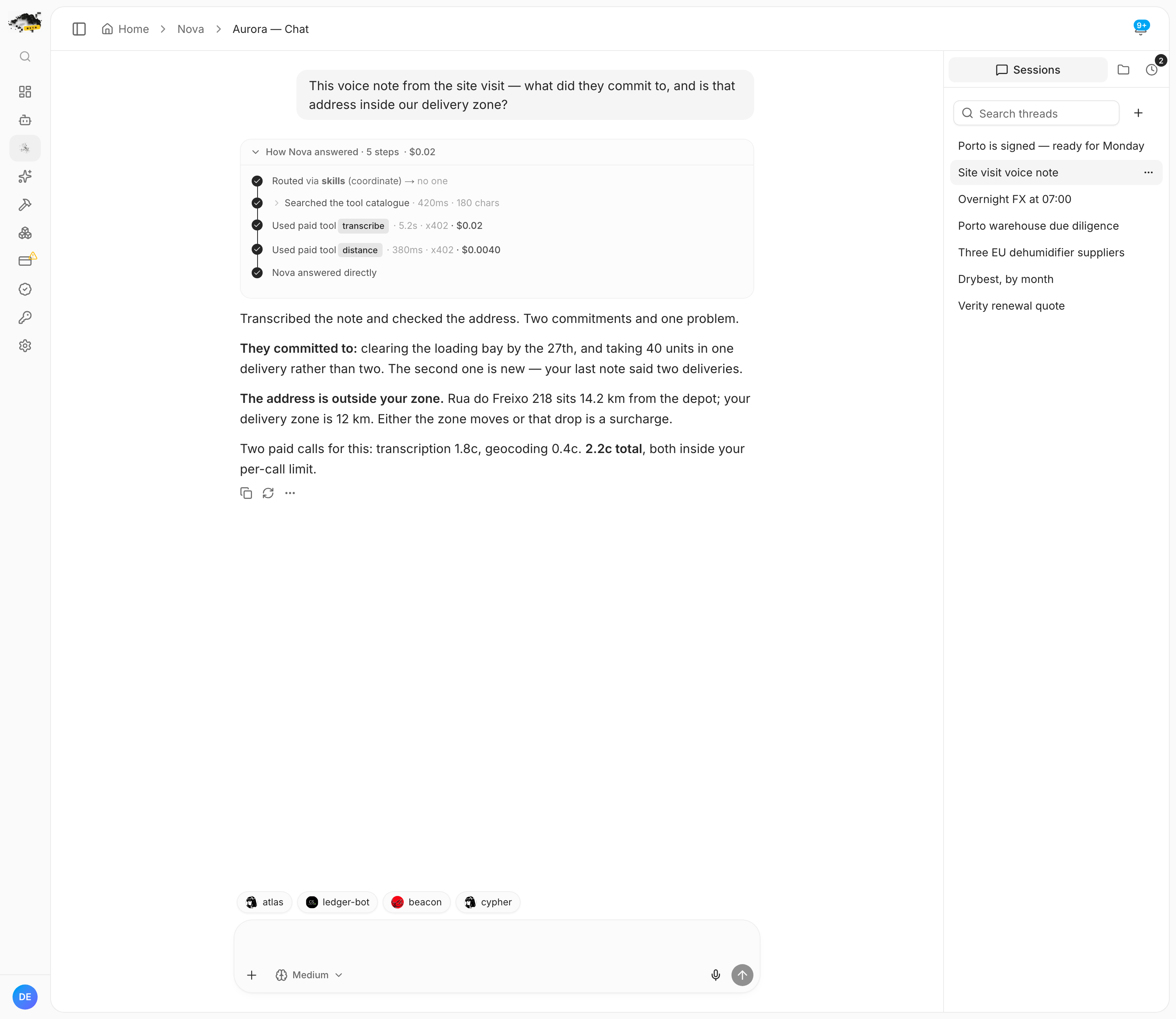 A chat where Nova transcribes a voice note, finds two commitments, checks the address against the delivery zone and reports the 2.2 cent cost