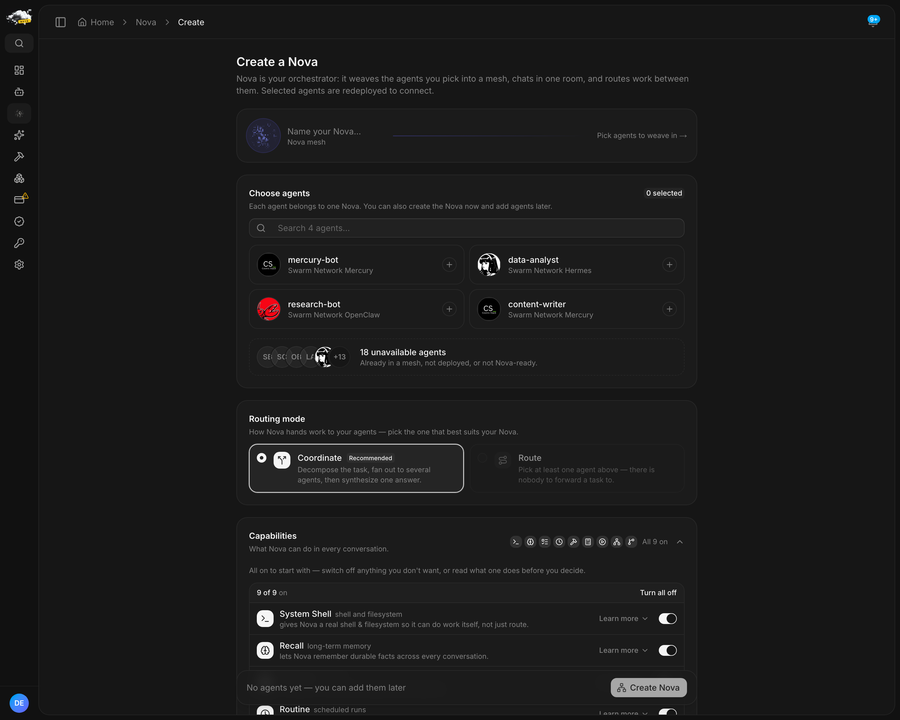 The create-a-Nova form with the abilities section open, all nine switched on, each with a plain description and a learn more link