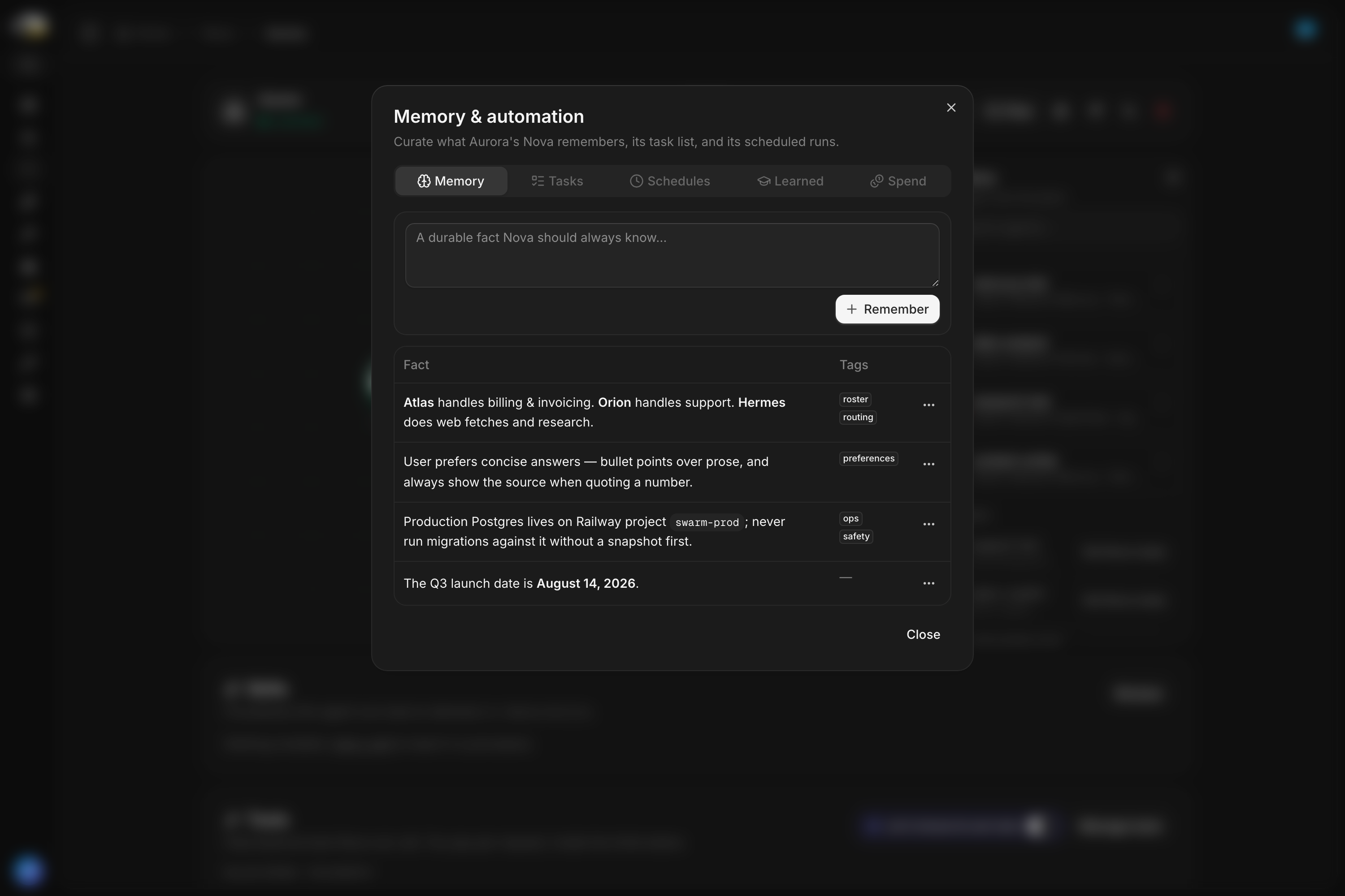 The Recall panel listing durable facts Nova has stored, each with a control to edit or forget it