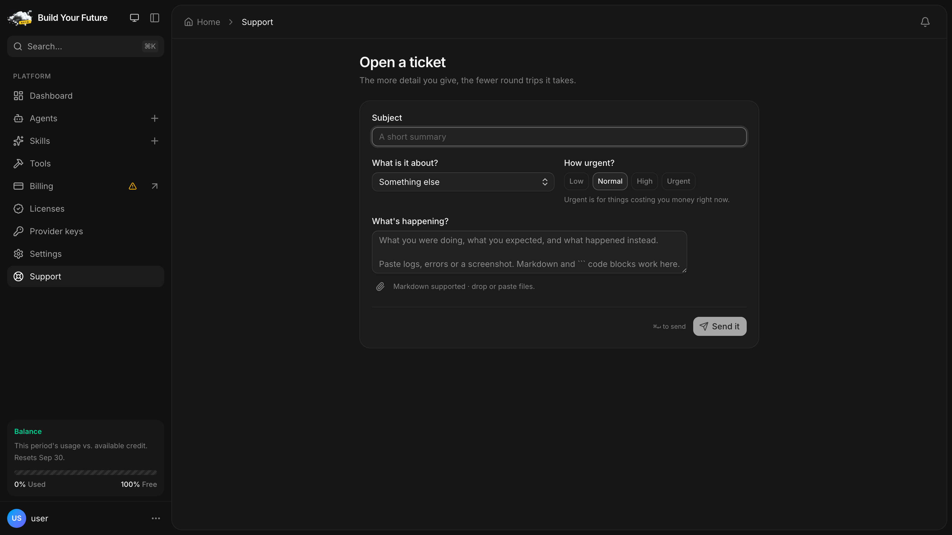 The Open a ticket form: subject, category, four urgency levels from Low to Urgent, and a message field that accepts Markdown, drag-and-drop and pasted files
